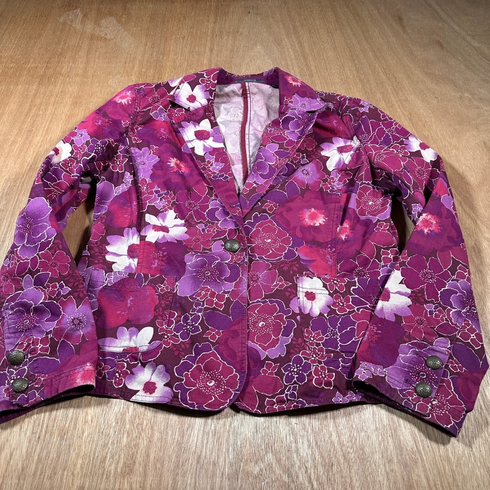 Liz Claiborne Blazer Women 14 Purple Floral Print One Button Cotton Blend Jacket